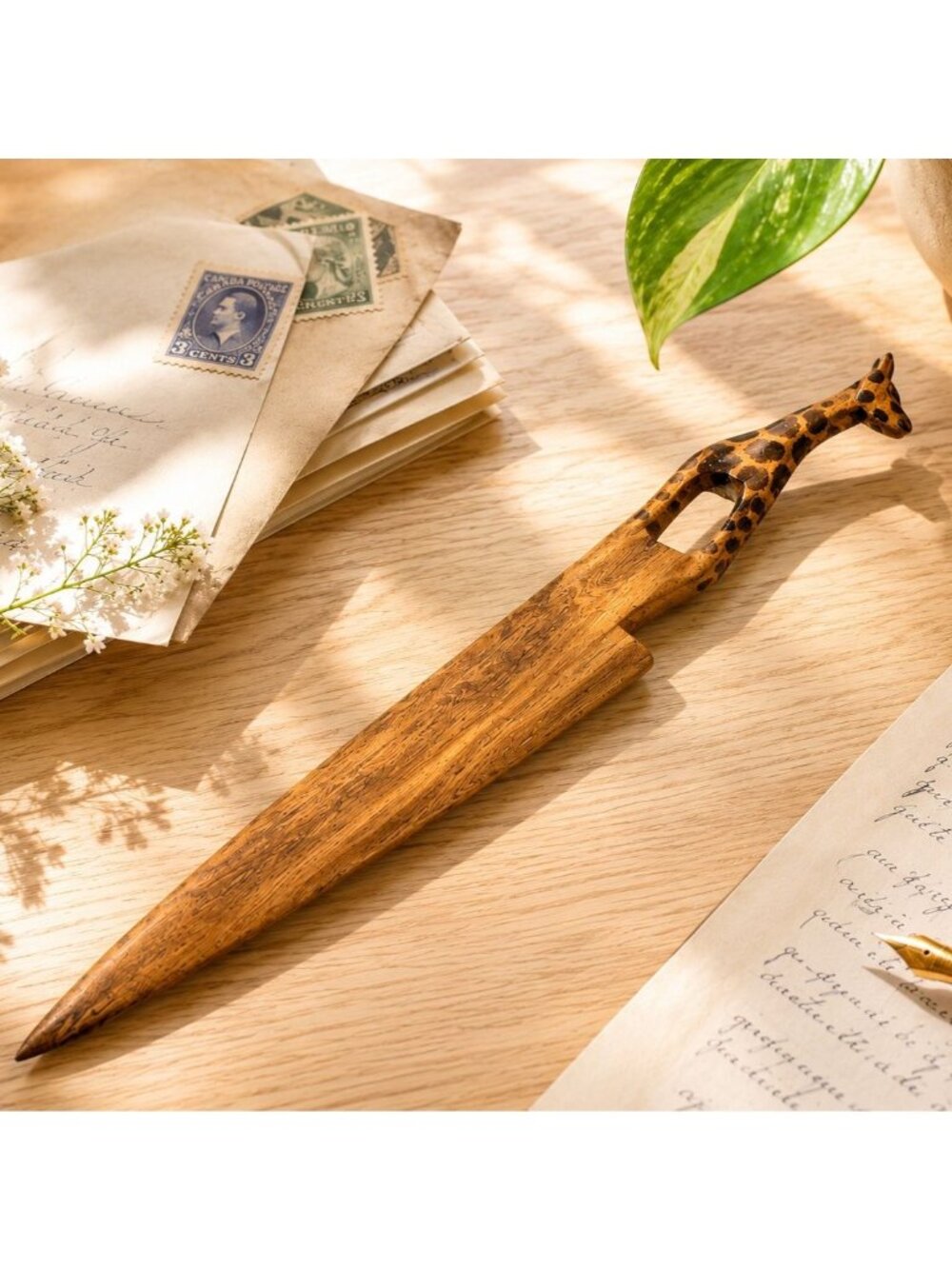 Vintage Hand-Carved Wooden Giraffe Letter Opener 9 Inches Long Desk Accessory